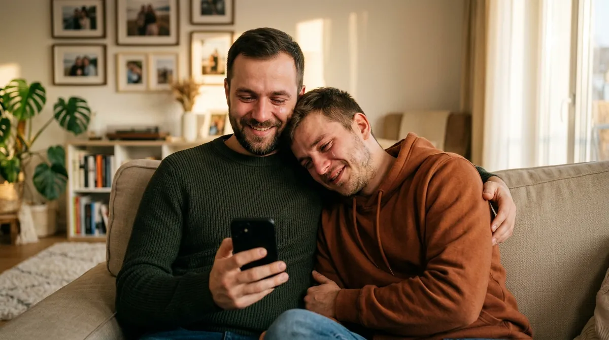 Dwóch braci z czułością słucha piosenki z telefonu na kanapie w salonie, jeden opiera głowę na ramieniu drugiego.