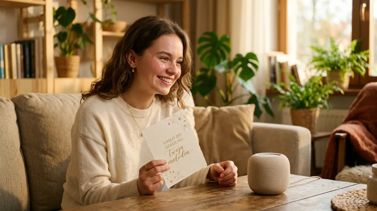 Uśmiechnięta i wzruszona dziewczyna słucha piosenki przez głośnik Bluetooth, trzymając elegancką kartkę z hasłem.