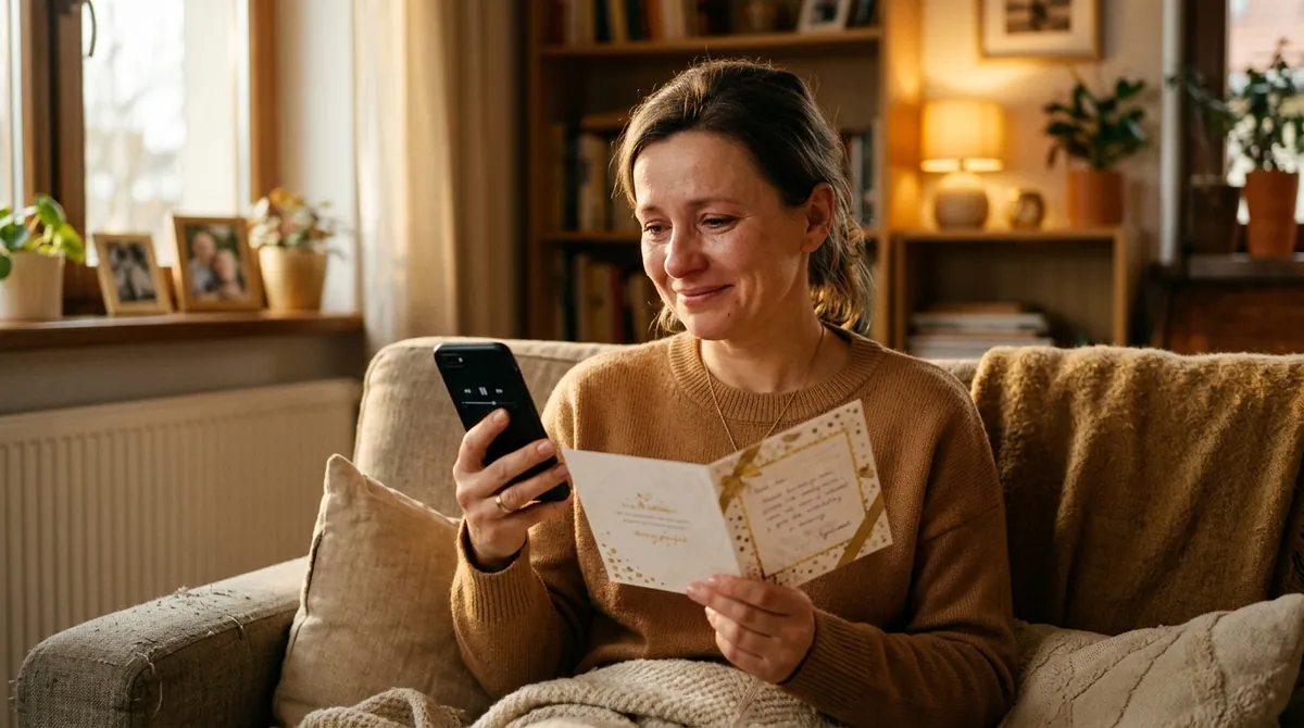 Czterdziestoletnia osoba wzruszona słucha muzyki z telefonu w przytulnym salonie, trzymając urodzinową kartkę.