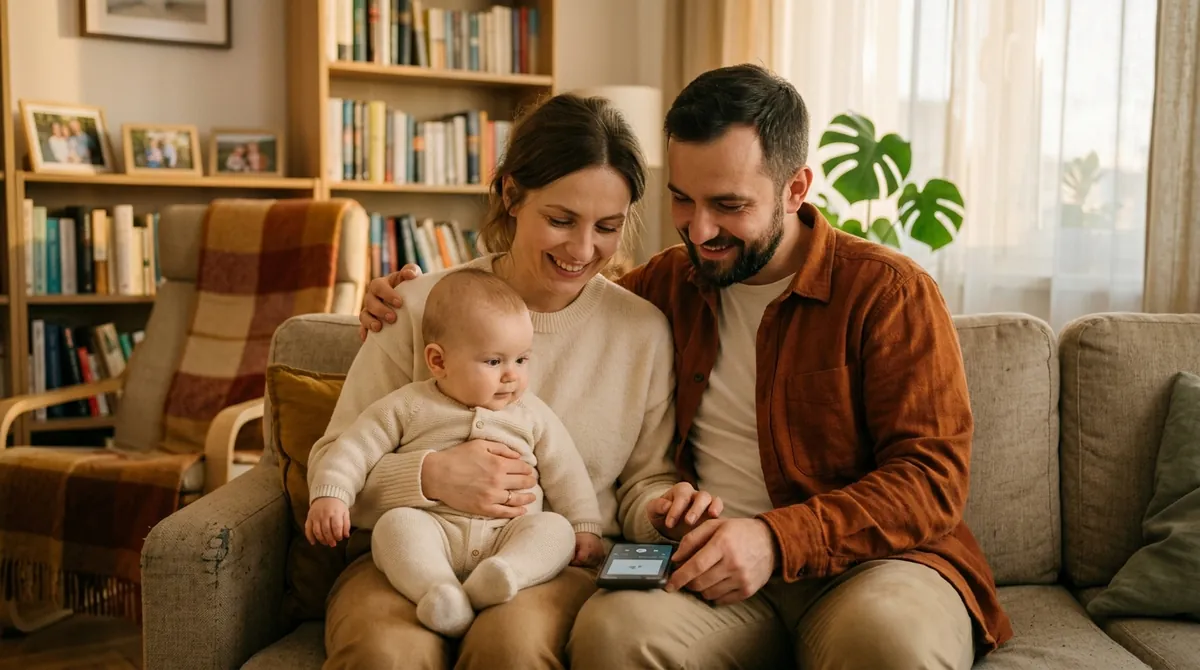 Mama i tata z uśmiechem słuchają muzyki z telefonu, siedząc na kanapie z niemowlęciem w jasnych śpioszkach.