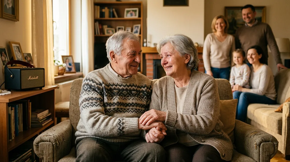 Wzruszona para seniorów trzyma się za ręce, patrzy na siebie czule, a w tle uśmiechnięte dzieci przy głośniku.