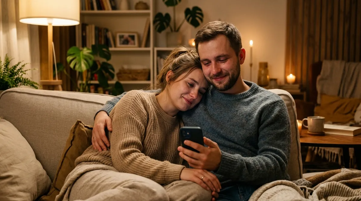 Młoda kobieta opiera głowę na ramieniu mężczyzny, oboje z zaszkolonymi oczami słuchają muzyki z telefonu.