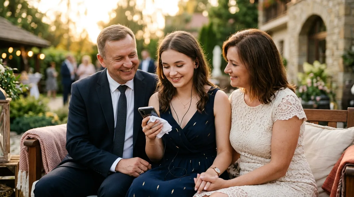 Wzruszona maturzystka z chusteczką słucha muzyki z telefonu, a rodzice patrzą na nią z dumą i czułością.