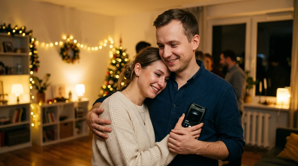 Młoda para objęta w delikatnie oświetlonym kąciku; on ze smartfonem, ona z uśmiechem i łzami na jego ramieniu.
