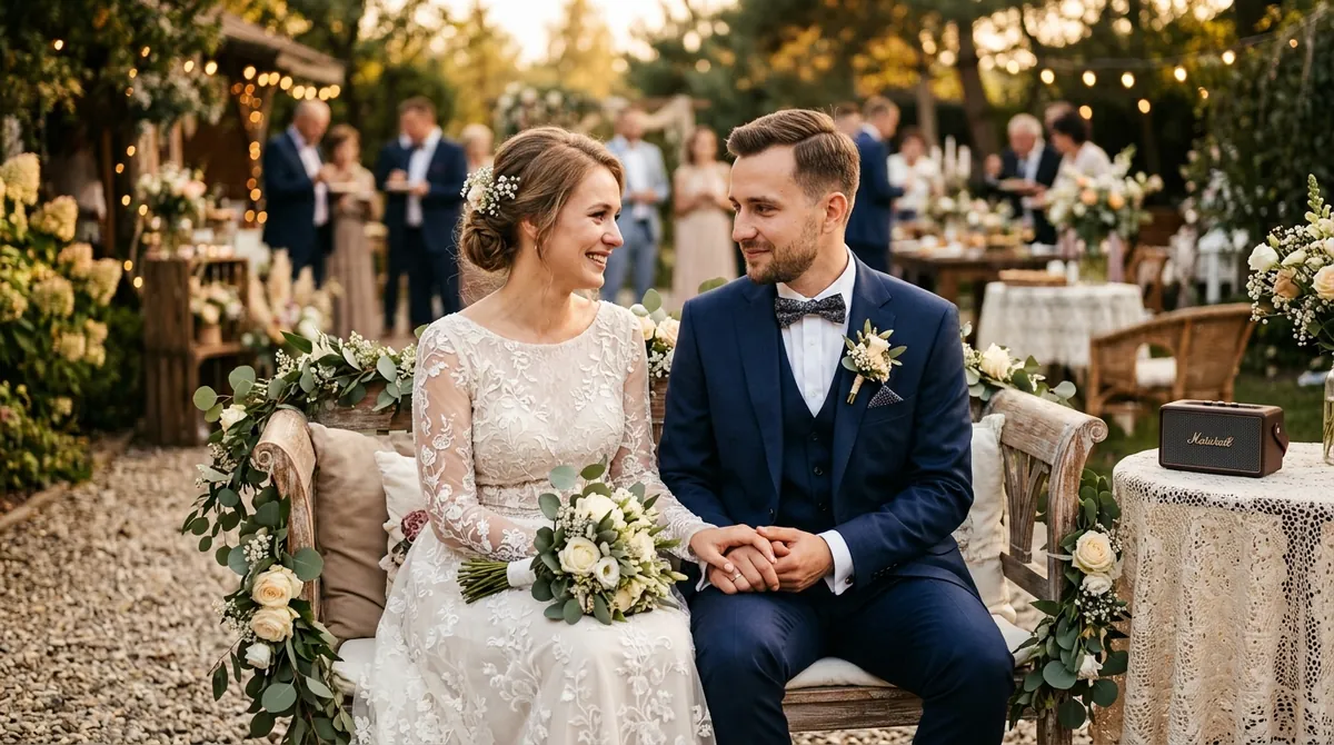 Elegancka Młoda Para siedzi na ławce, czule trzymając się za ręce, wzruszona słucha piosenki z głośnika obok.