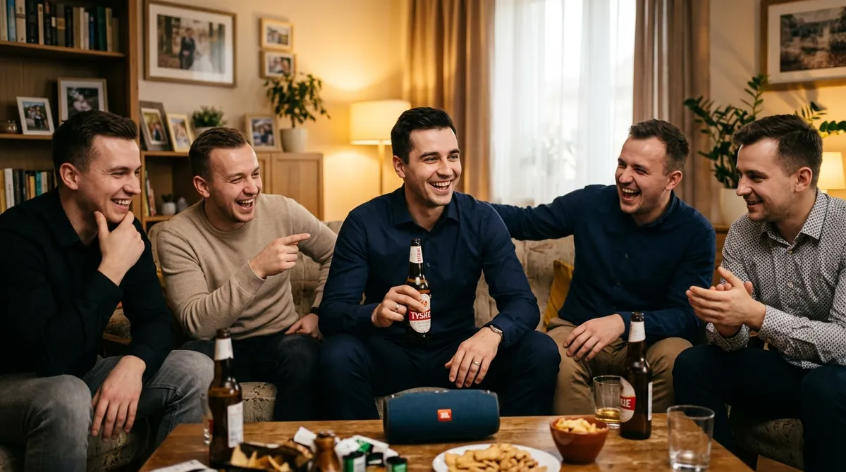 Młodzi mężczyźni z radością obserwują rozbawionego Pana Młodego z piwem, słuchającego piosenki z głośnika.