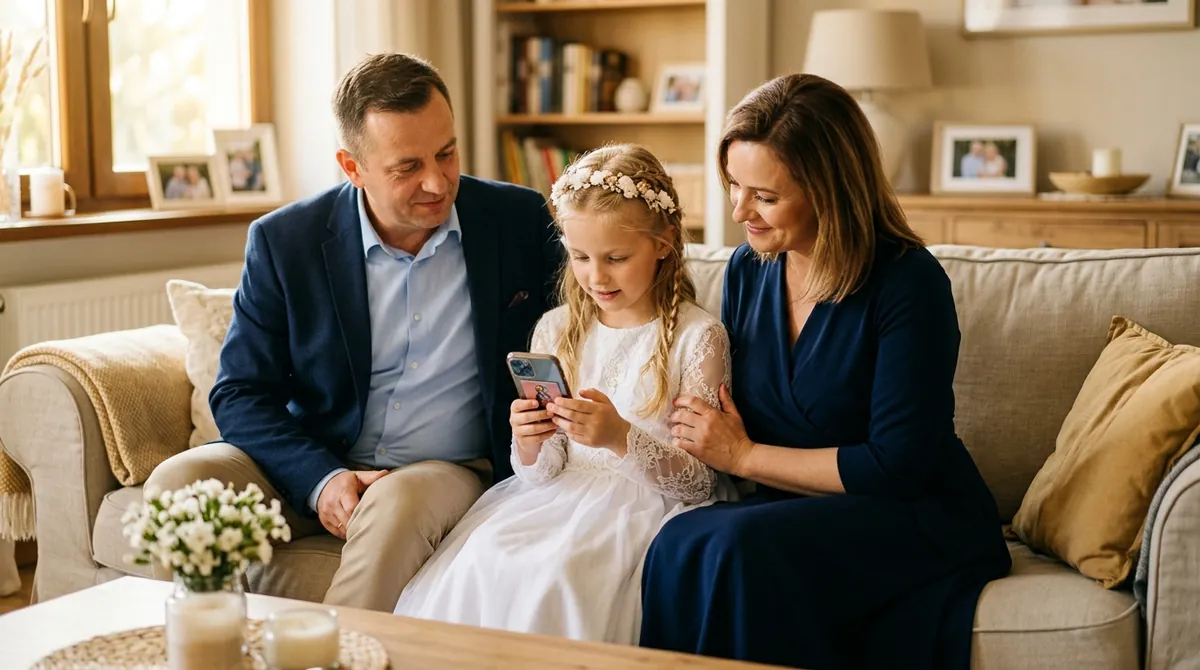 Dziewczynka w jasnej sukience komunijnej na kanapie słucha telefonu, a chrzestni patrzą na nią z czułością.