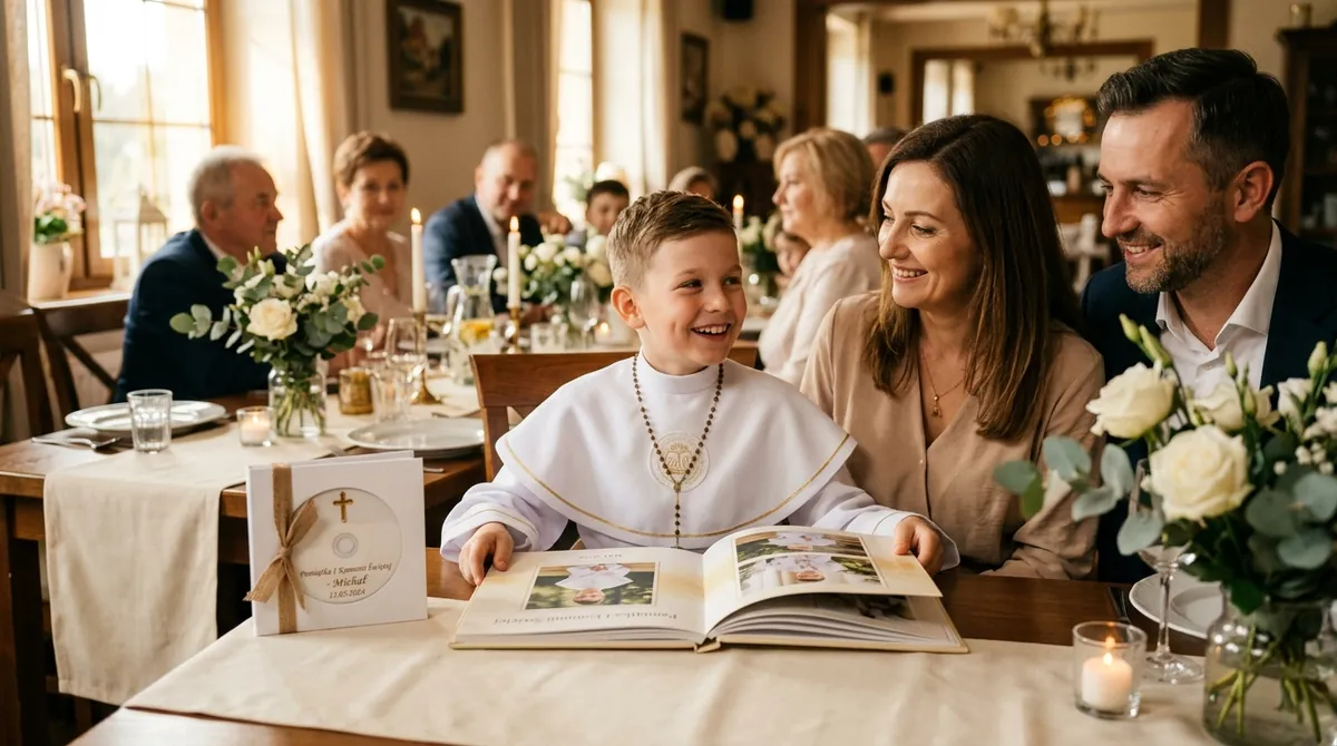 Uśmiechnięty chłopiec w albie prezentuje rodzinie personalizowany album i płytę z imieniem.